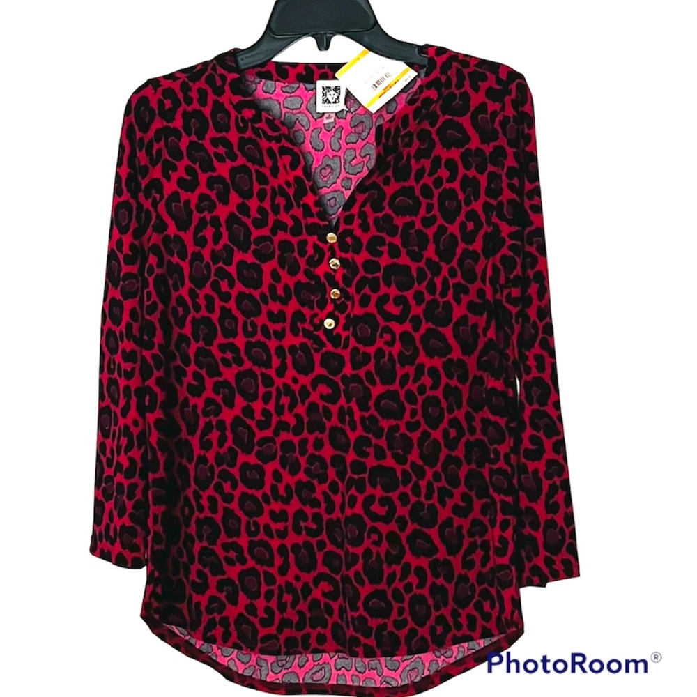 Anne Klein animal print burgundy and black blouse NWT Small